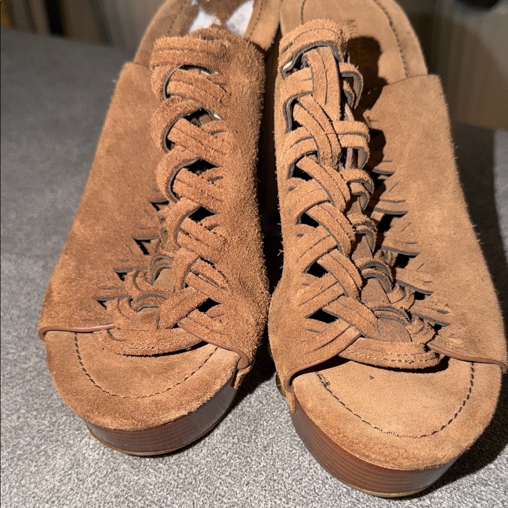 Michael Kors Tan Suede Woven Platform Clog Mules - Picture 4 of 10